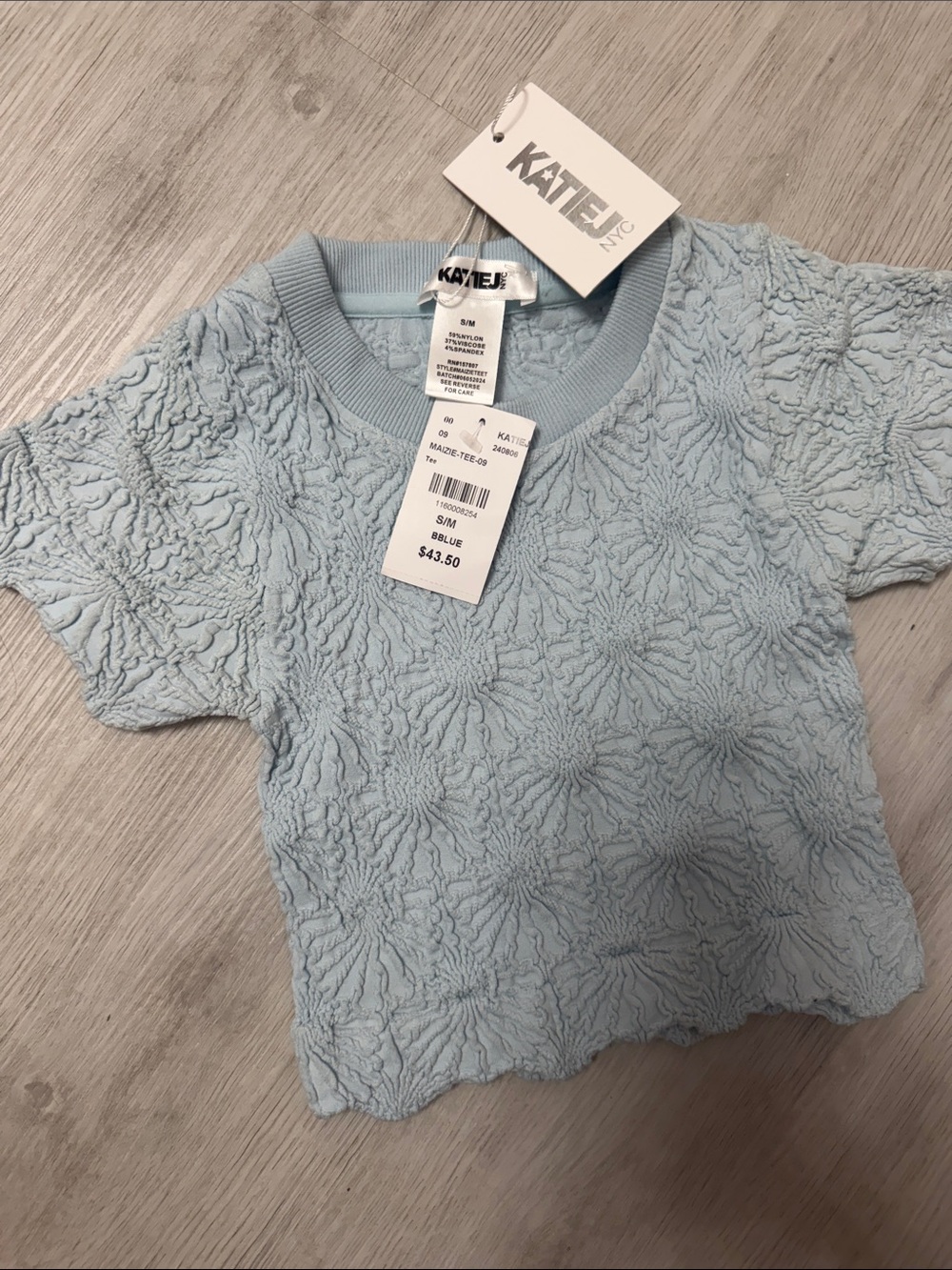Katie J NYC Light Blue Short-Sleeve Textured Floral Knit Tee